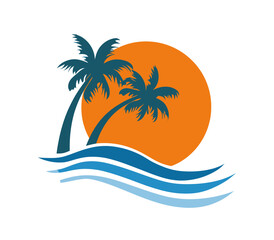 Tropical Scene Palm trees, waves, and a setting sun in vibrant colors