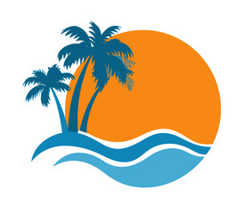 A simple beach scene design, orange sun behind palm trees on a blue island with waves below