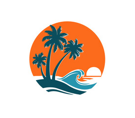 Tropical island scene with palm trees, ocean wave, and sunset in the background