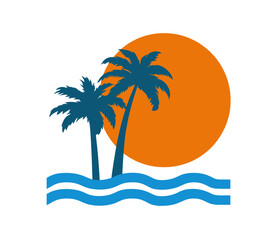 Silhouette of two palm trees on the beach with the sun and the waves