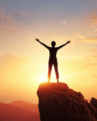 Fototapeta premium Mental Health Gratitude Concept,Silhouette figure expressing gratitude mental health success on mountain peak during sunset with arms raised