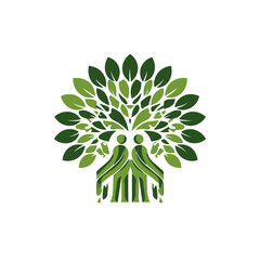 A green illustration featuring two figures as a tree's trunk with a leafy crown