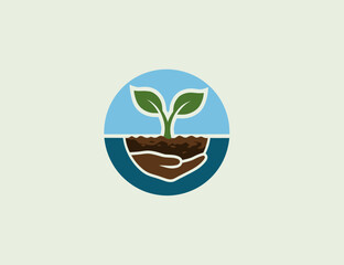 A vibrant vector illustration depicts a seedling in soil, cradled by a hand, enclosed within a circle