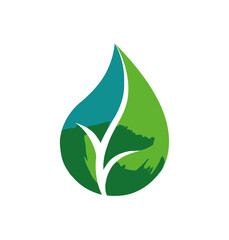 A stylized green and teal leaf shape with a white branch design against a white background