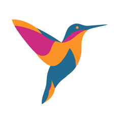 A vibrant abstract illustration depicts a hummingbird in flight, using layered geometric shapes