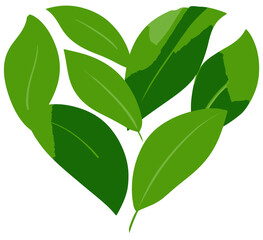 Illustration depicting a heart shape formed by a collection of stylized green leaves
