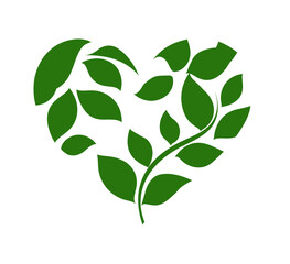 A green heart made from leaves and a curved stem. Image is set on a white background