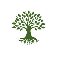 Fototapeta premium A stylized illustration depicts a green tree with roots, trunk, branches, and numerous leaves, on white