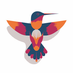 Stylized illustration featuring a bird with vibrant colors, spread wings, and a long beak