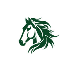 A stylized illustration of a horse's head in profile, rendered in dark green against a white background