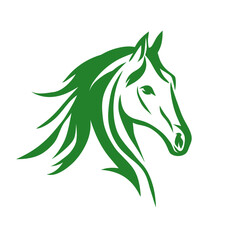 A stylized green horse head illustration on white. It features a sleek mane and a detailed facial outline