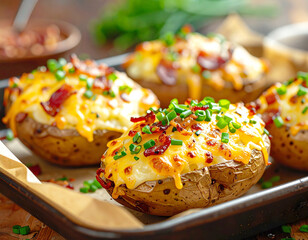 Twice baked potatoes with cheese, bacon and scallion. AI