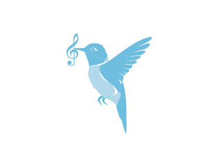 A blue hummingbird silhouette holding a treble clef in its beak, wings spread wide