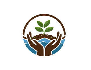 A circular emblem depicts hands cupping water and soil, nurturing a sprouting plant, within a brown circle