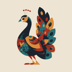 Stylized illustration of a peacock with colorful plumage and geometric body details against a beige backdrop