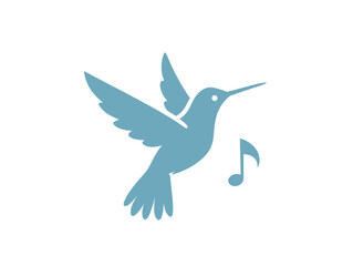A blue hummingbird silhouette is flying with a musical note alongside, all on a plain white background