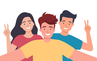 Portrait of smiling people posing together. Happy men and women have fun make diverse gestures. Friendship and unity. Vector illustration.