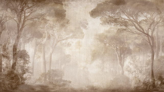 Aged parchment paper as background, empty center for writing, forest trees on edges, faded forest landscape.