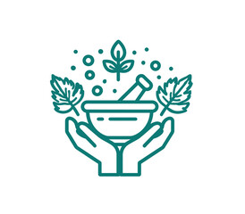 A green outline illustration of hands holding a bowl with mortar and pestle, leaves, and bubbles