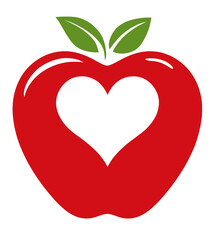 Red apple with green leaves on top, featuring a white heart in the center, perfect for nutrition and health