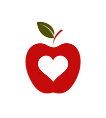 Fototapeta premium A red apple design features a heart-shaped core. A green leaf and stem are attached to the top