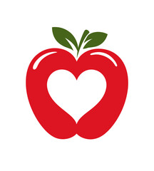 A heart-shaped red apple with two green leaves on top, representing health, love, and nature