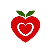 A stylized fruit-like shape featuring a heart in red, an inner heart, and green leaves