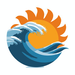 A stylized illustration of a sun with rays behind a breaking ocean wave with color variations