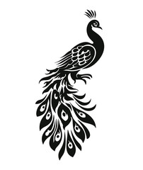 Elegant black and white illustration of a peacock, with detailed tail feathers and perched posture