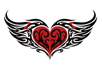 A red heart shape with tribal wings in black and red on a white background