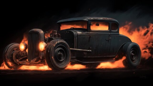 Vintage hot rod in flames