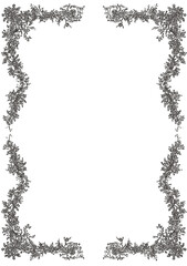A decorative floral frame in black against a white background, suitable for cards or invitations