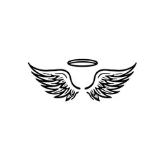 Fototapeta premium A simple black and white illustration of a pair of wings and a halo. A symbol of heaven