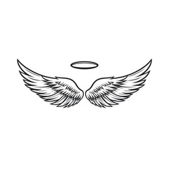 Black and white illustration of angel wings and a halo on a blank background