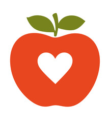 Red apple icon with a heart in center & green leaves, simplistic design