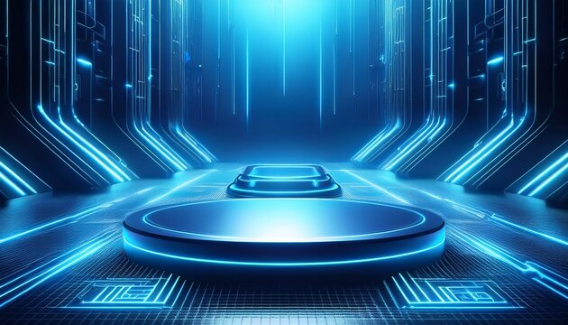 high tech podiums on blue circuit technology type background