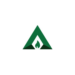 A green abstract symbol of a triangle with a flame at its center, set against a blank white backdrop