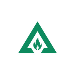 Fototapeta premium A simple abstract logo featuring a triangle outline with a flame icon inside the base, all in green