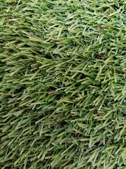 Close-up of green artificial grass surface showing dense plastic blades and natural debris,...