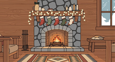 Cozy christmas cabin interior illustration with fireplace and holiday decoration lights