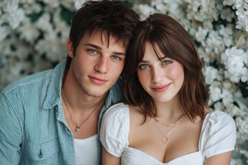 Obraz premium two young people in love, a man and a woman with brown hair posing for the camera against a background of white flowers, creating a romantic atmosphere with soft pastel colors and modern casual
