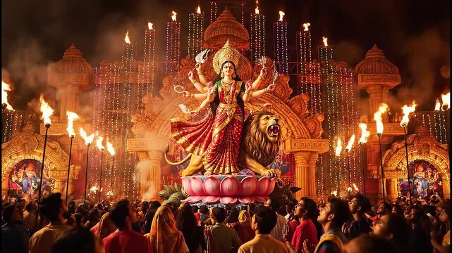 Majestic Goddess Durga statue illuminated at a grand Hindu festival with devotees