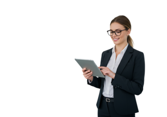 Business woman using tablet isolated on transparent background with smile face