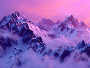Majestic snow-capped mountains bathed in the ethereal glow of a pink and purple sunset.