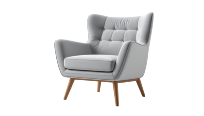Comfortable light grey armchair with a high backrest and button detailing. The wooden legs provide a classic touch to the modern design.
