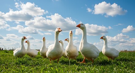 Obraz premium White Geese Flock in Green Pasture Under Blue Sky.