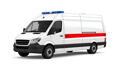 Naklejka premium White ambulance vehicle with red stripe and blue lights on the roof.