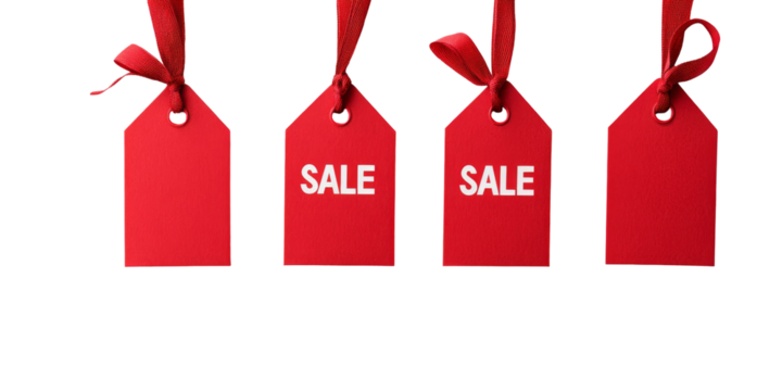 Red sale tags with ribbons on black background