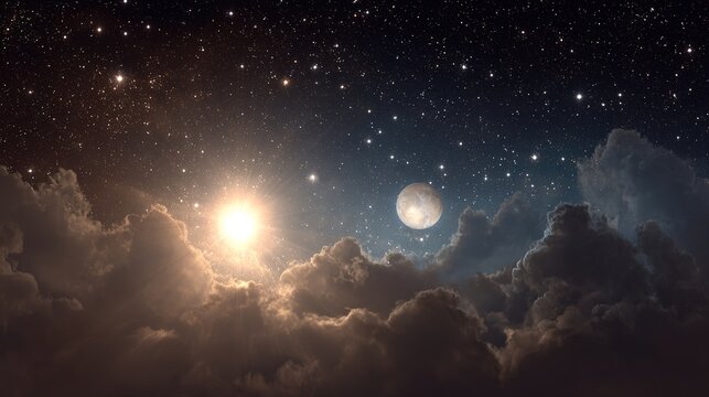 Divine dawn: a radiant light symbolizing God rises over the clouds, while the Moon and stars illuminate the sky, creating a magnificent scene reflecting the act of creation of the universe