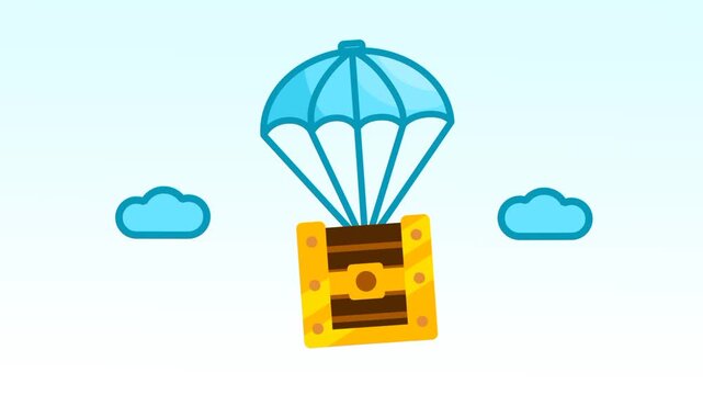 A parachute carrying a box descends among clouds, symbolizing delivery, surprise, and secure airborne transport